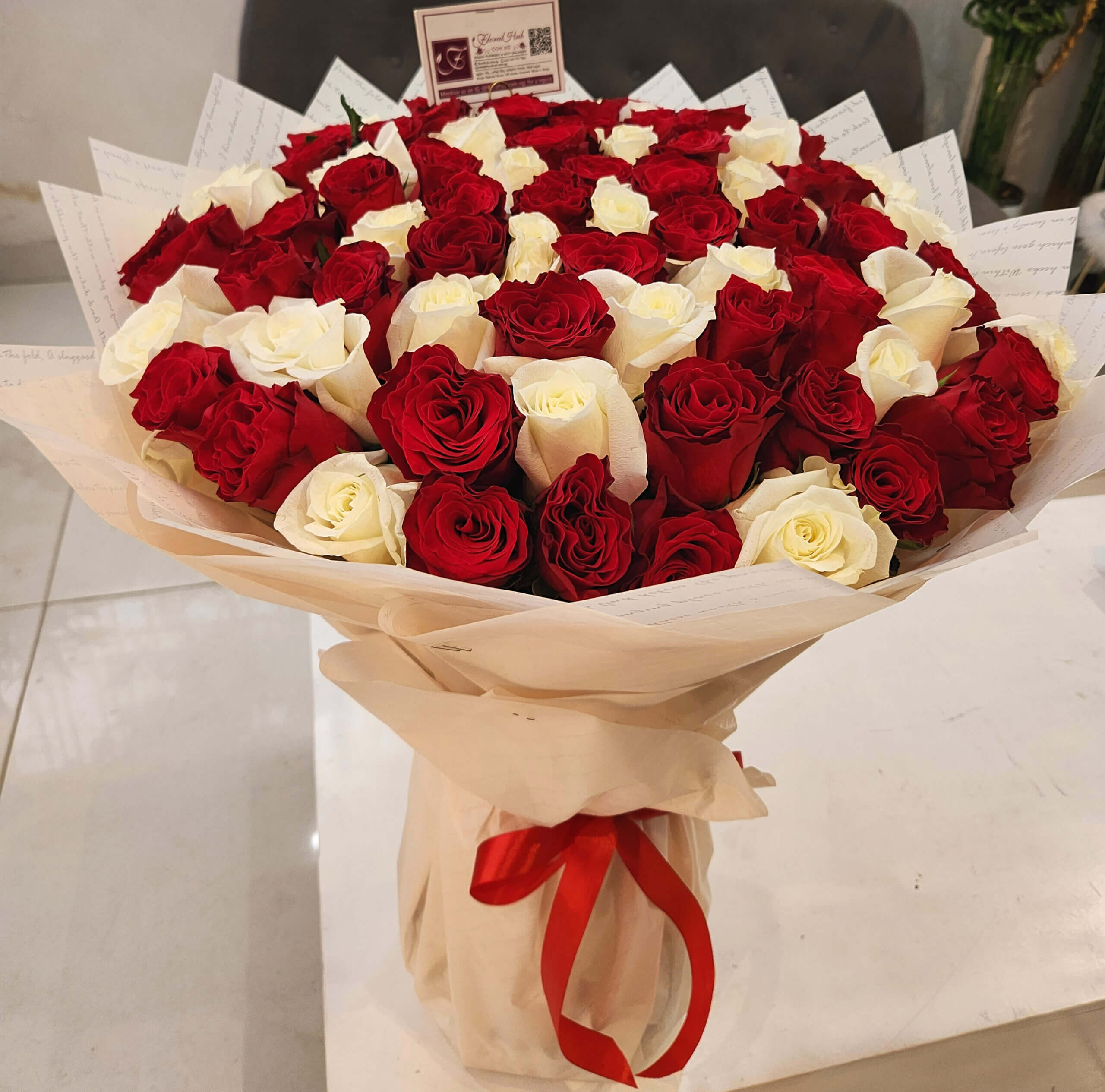 101 Red & White Roses Bouquet By Flower Delivery Dubai for illness