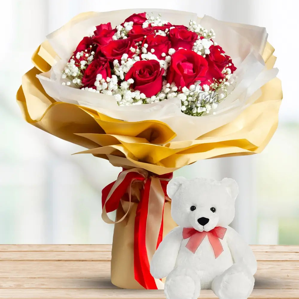 12 Red Roses with Baby’s Breath & 6 Inch Teddy By Flower Delivery Dubai for Friendship