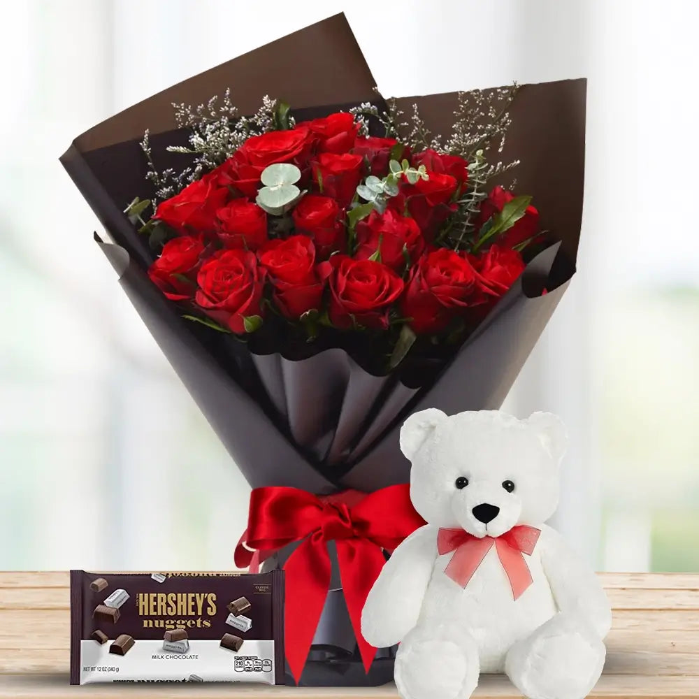 15 Red Roses with Hershey’s & Teddy By Flower Delivery Dubai for Congratulations