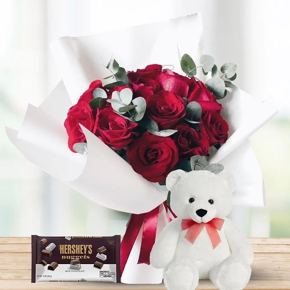 15 Red Roses with Hershey’s, White Wrapping & Teddy By Flower Delivery Dubai for Birthday