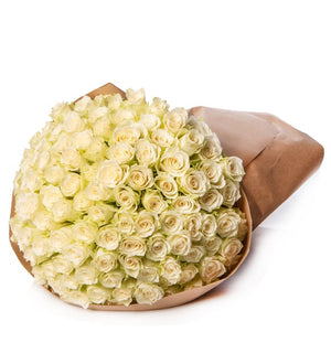 Two hundred white roses in a large special-occasion bouquet
