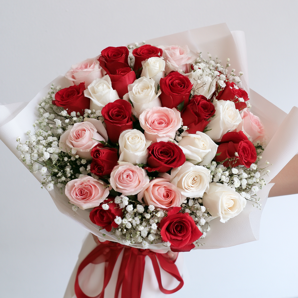 30 red, white and pink roses with baby's breath — same-day flower delivery in Dubai