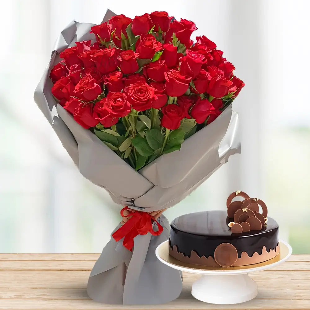40 Long Stem Red Roses with Cake By Flower Delivery Dubai for him
