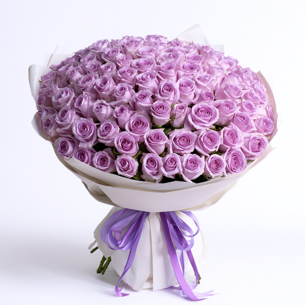 101 purple roses arranged into a large hand-tied bouquet — same-day flower delivery in Dubai