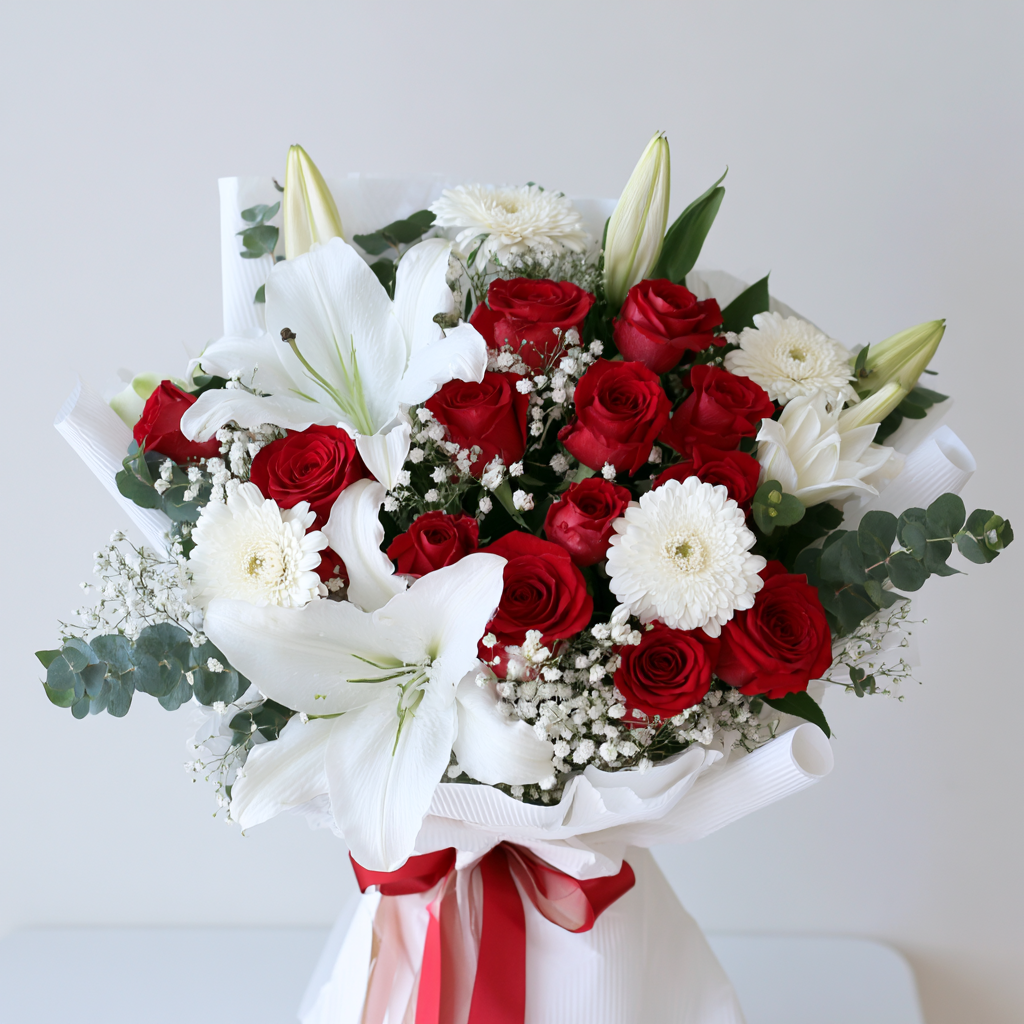 15 red roses with white lilies, white gerberas and eucalyptus — same-day flower delivery in Dubai