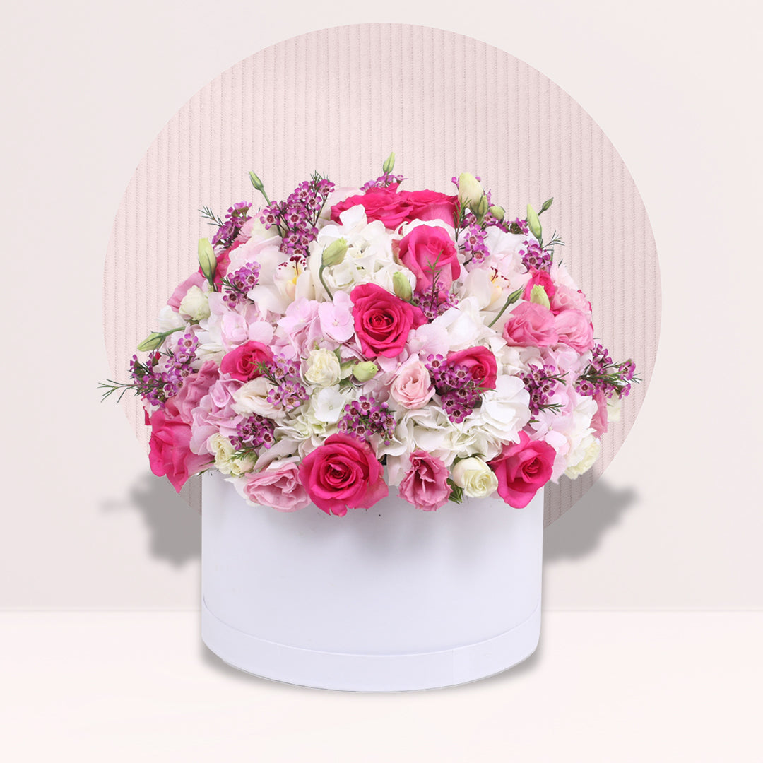 Dark Pink & White Roses with Hydrangeas in Box By Flower Delivery Dubai for Anniversary