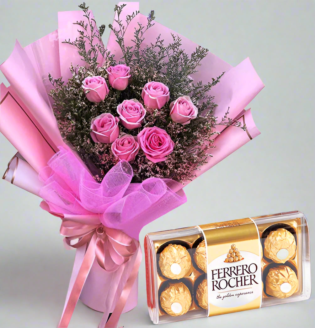 Ferrero Rocher & 12 Pink Roses Bouquet — fresh flowers, same day delivery in Dubai