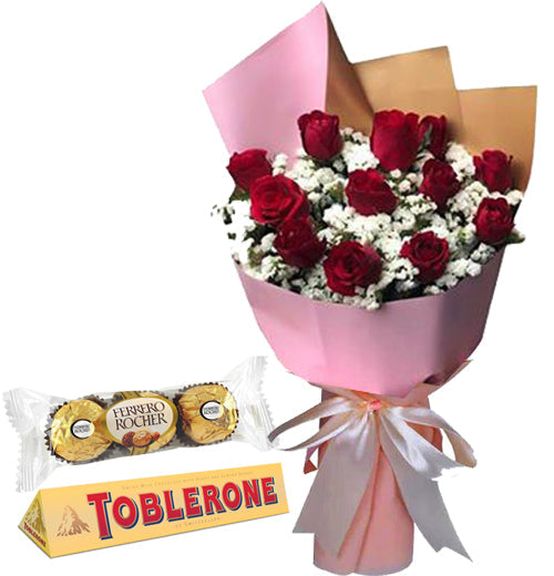 Ferrero, Toblerone & Roses Bouquet By Flower Delivery Dubai for illness