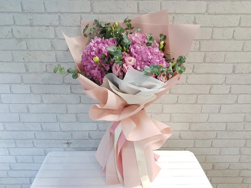 Hydrangeas, Eustomas & Eucalyptus Leaves By Flower Delivery Dubai for Anniversary