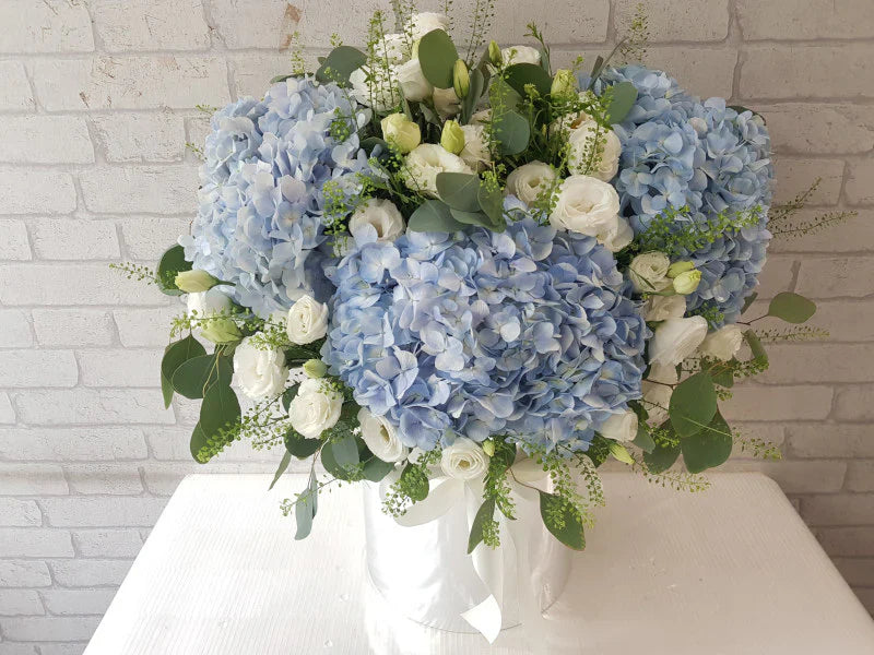 Hydrangeas, Eustomas & Silver Dollar Leaves By Flower Delivery Dubai for Birthday