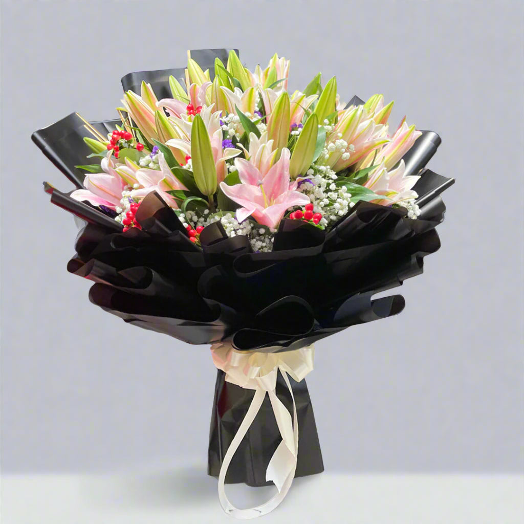 Lilies with Hypericum & Purple Statice — fresh flowers, same day delivery in Dubai