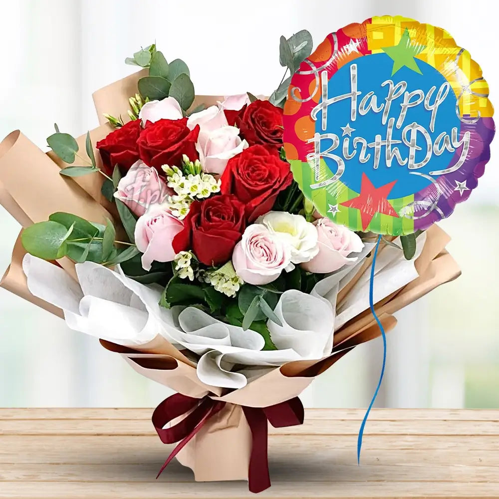 Pink & Red Roses in Wrapping with Happy Birthday Balloon — fresh flowers, same day delivery in Dubai