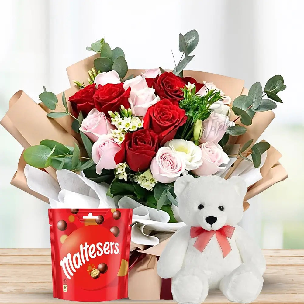Pink & Red Roses with Eucalyptus, Maltesers & Teddy By Flower Delivery Dubai for Wedding