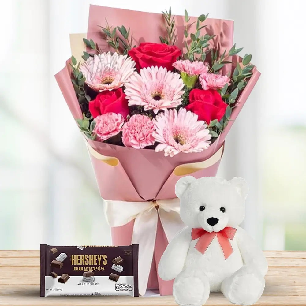 Pink Floral Gift Set with Chocolate & Teddy — fresh flowers, same day delivery in Dubai