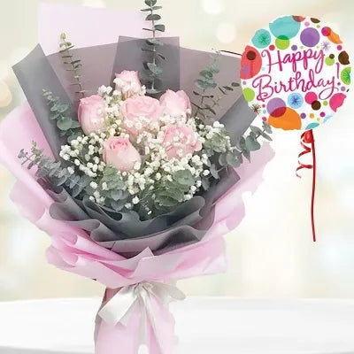 Pink Roses & Happy Birthday Balloon — fresh flowers, same day delivery in Dubai