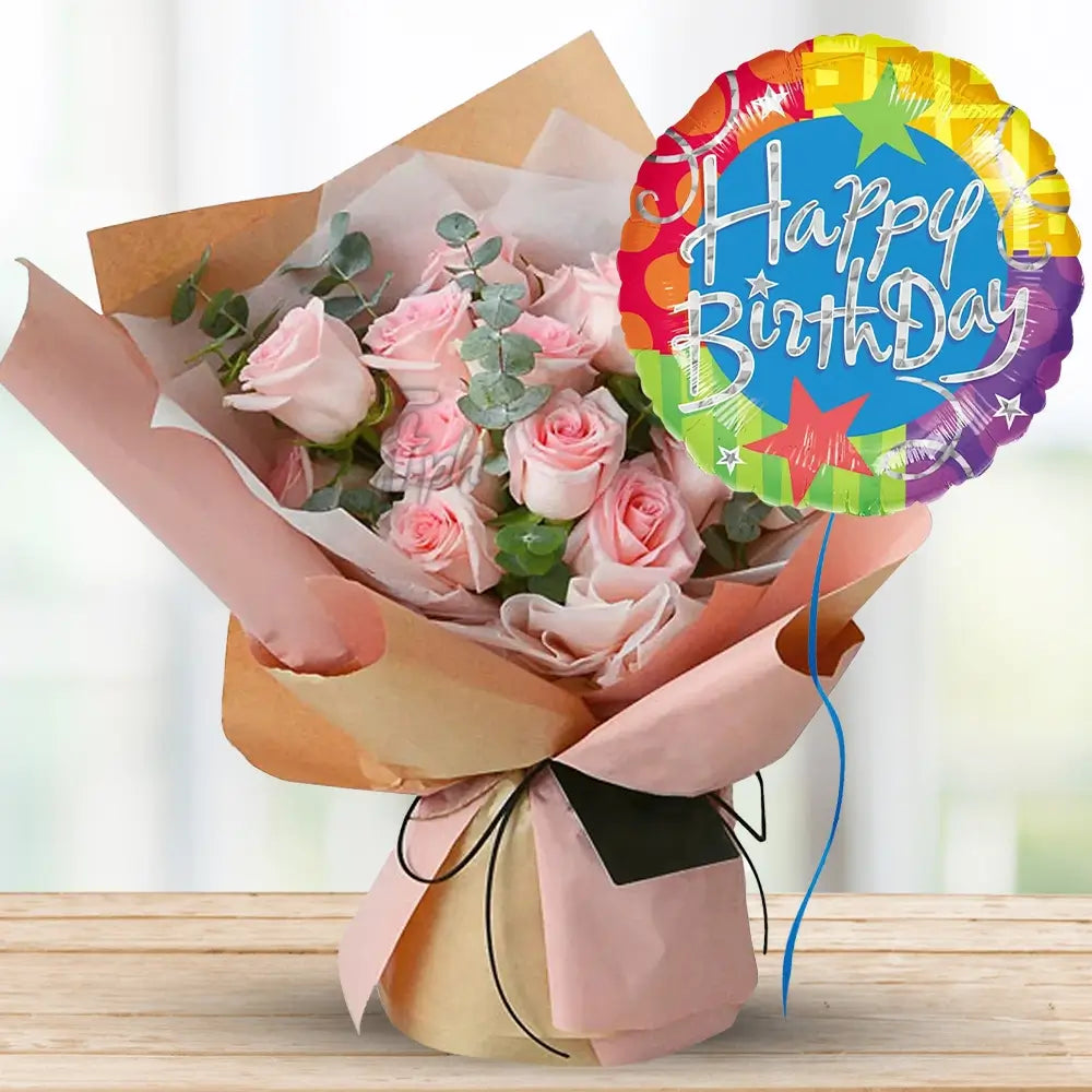 Pink Roses with Fillers & Birthday Balloon — fresh flowers, same day delivery in Dubai