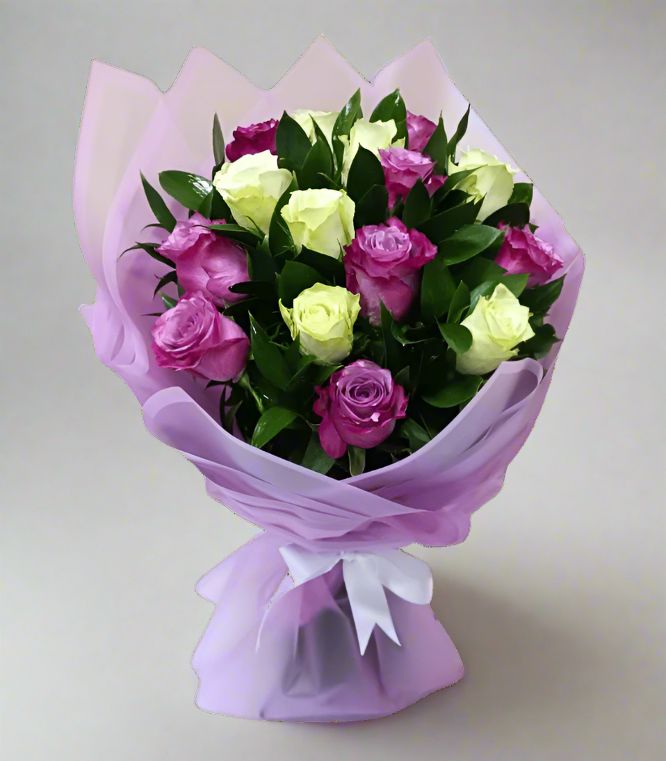 Purple & White Roses with Greenery — fresh flowers, same day delivery in Dubai