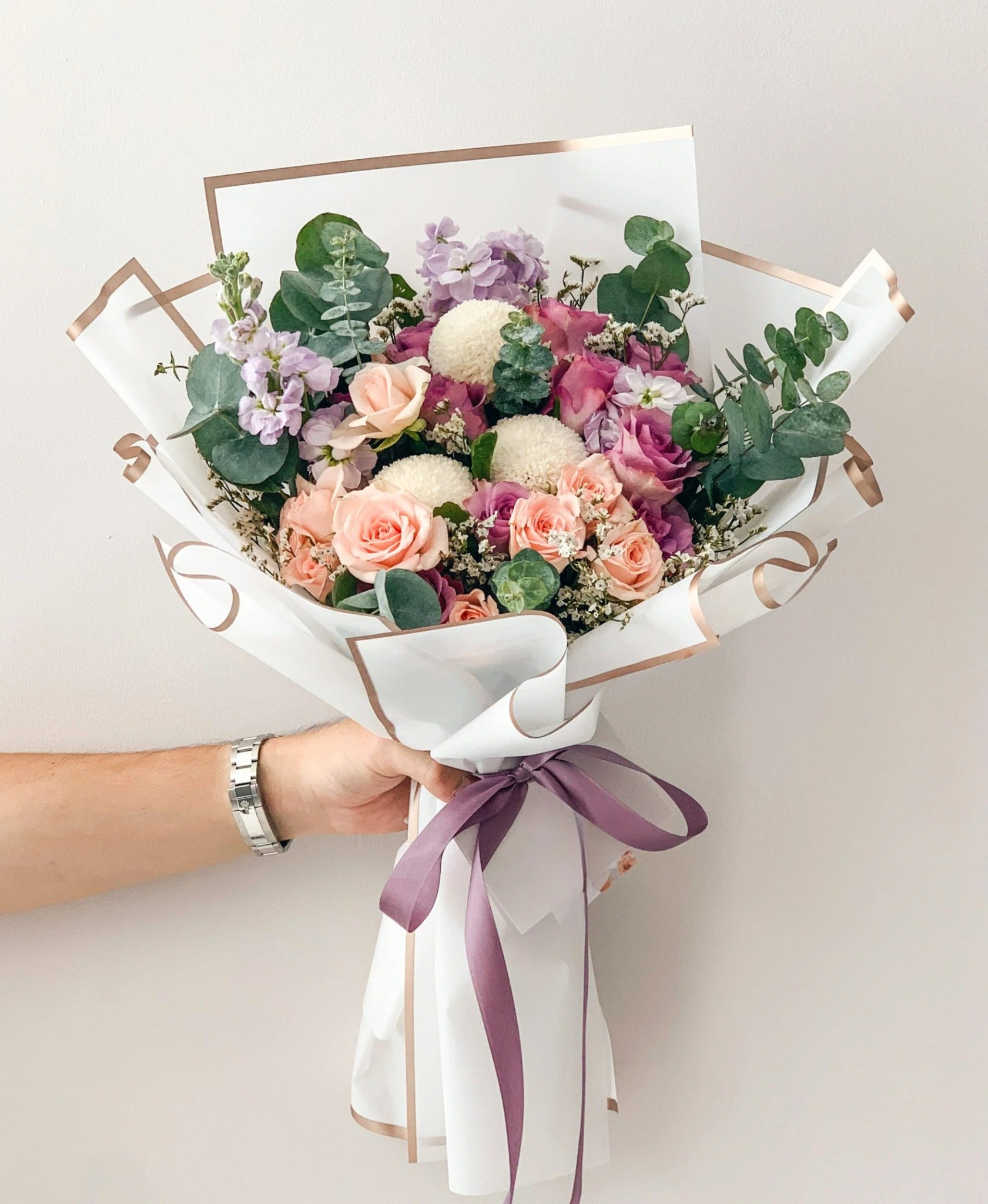 Purple Rose, Matthiola & White Pom Pom Bouquet By Flower Delivery Dubai for him