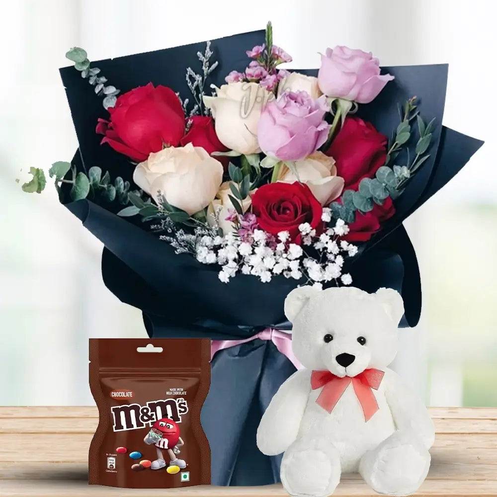 Red Roses, White Ping Pong & Caspia with Twix & Teddy By Flower Delivery Dubai for Birthday