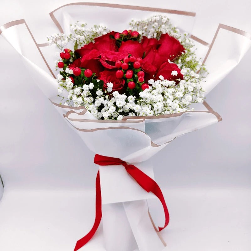 Red Roses, Red Berry & Baby’s Breath Bouquet By Flower Delivery Dubai for Valentines Day