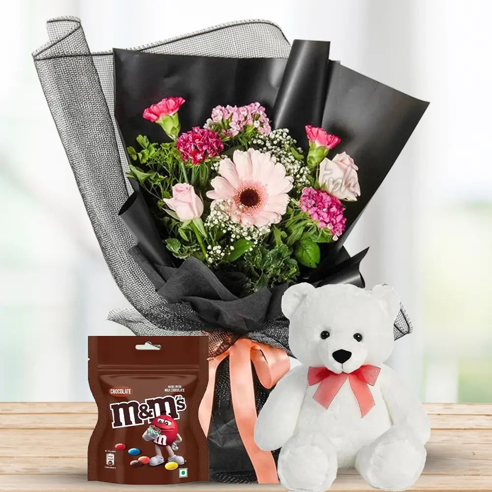 Roses, Gerbera & Carnation with M&M & Teddy By Flower Delivery Dubai for Wedding