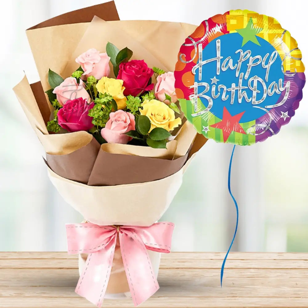 Roses with Ruscus & Happy Birthday Balloon — fresh flowers, same day delivery in Dubai