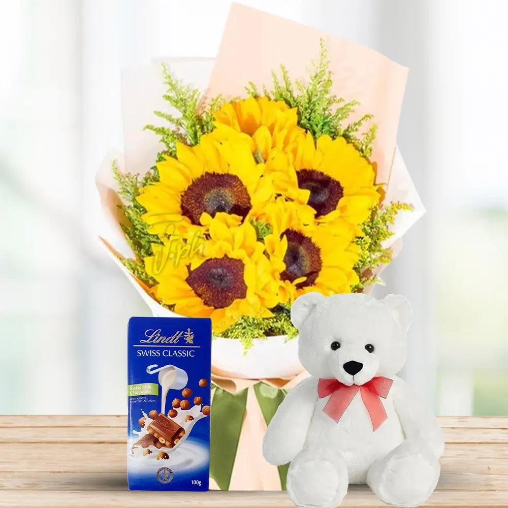Sunflowers with Fillers, Lindt & Teddy By Flower Delivery Dubai for Wedding