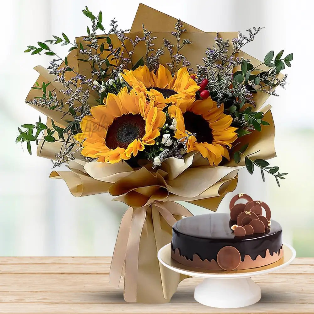 Sunflowers with Fillers & 1 Kg Chocolate Cake By Flower Delivery Dubai for Friendship
