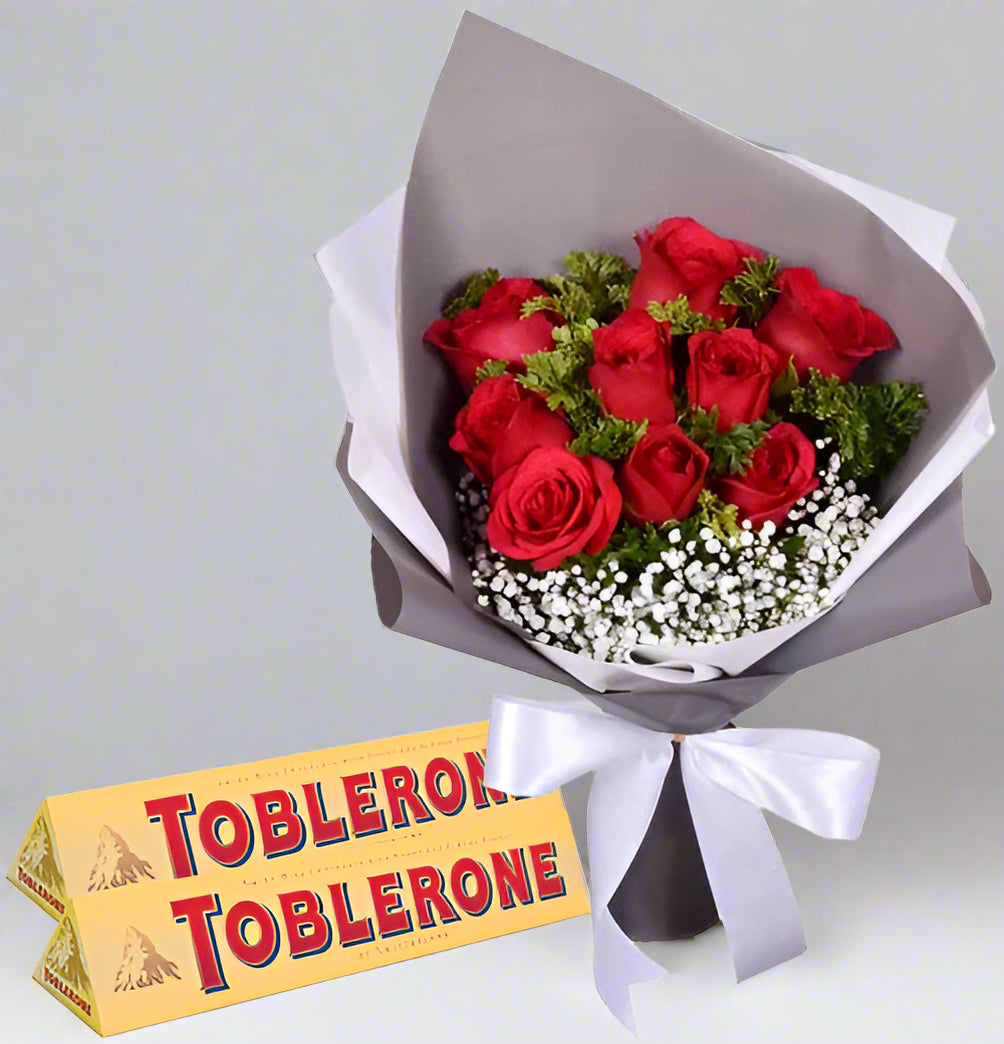 Toblerone & 12 Red Roses Bouquet — fresh flowers, same day delivery in Dubai