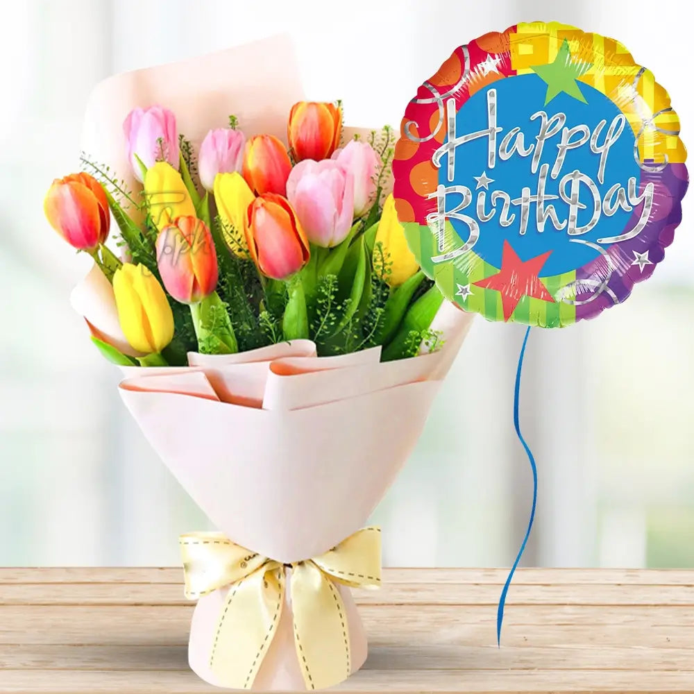Tulips Bouquet with Happy Birthday Balloon — fresh flowers, same day delivery in Dubai