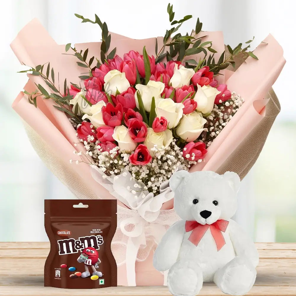 White Roses & Red Tulips with Baby’s Breath, M&M & Teddy By Flower Delivery Dubai for him