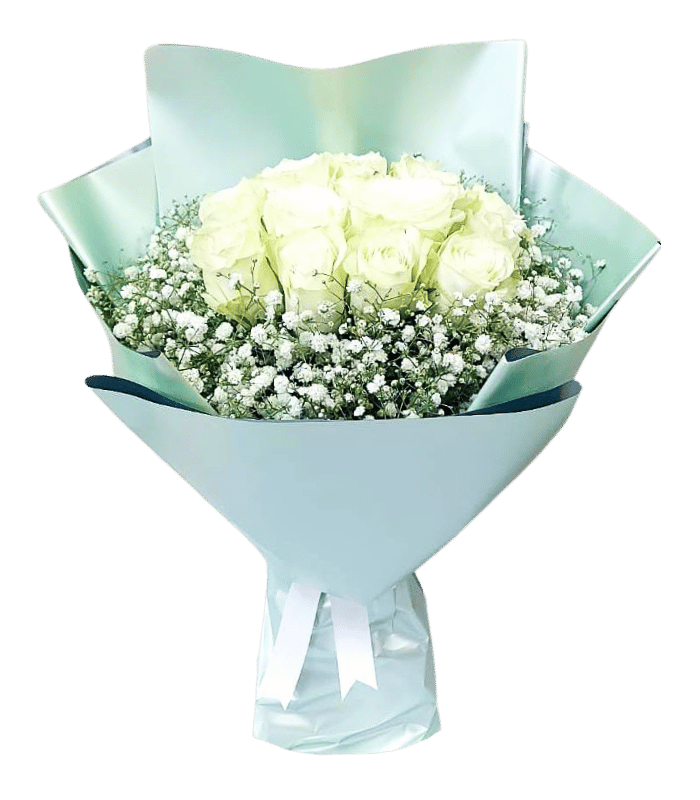 White Roses & Baby’s Breath Hand Bouquet — fresh flowers, same day delivery in Dubai