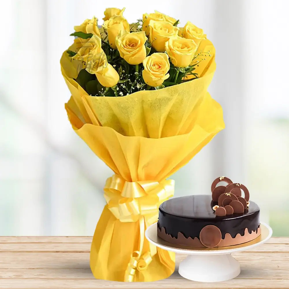 Yellow Roses & Chocolate Cake Bunch By Flower Delivery Dubai for Birthday