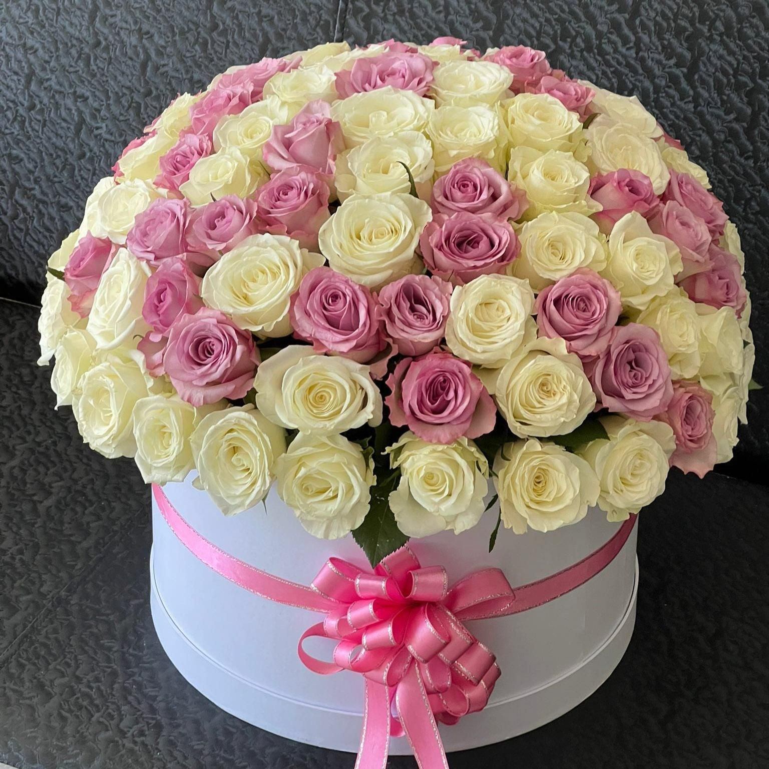 101 Pink & White Roses in Box By Flower Delivery Dubai for Congratulations
