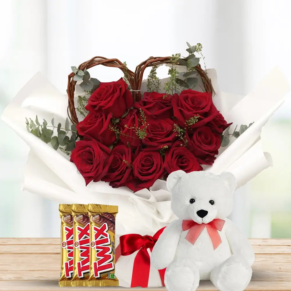 12 Red Roses with Fillers, Lindt & Teddy By Flower Delivery Dubai for him