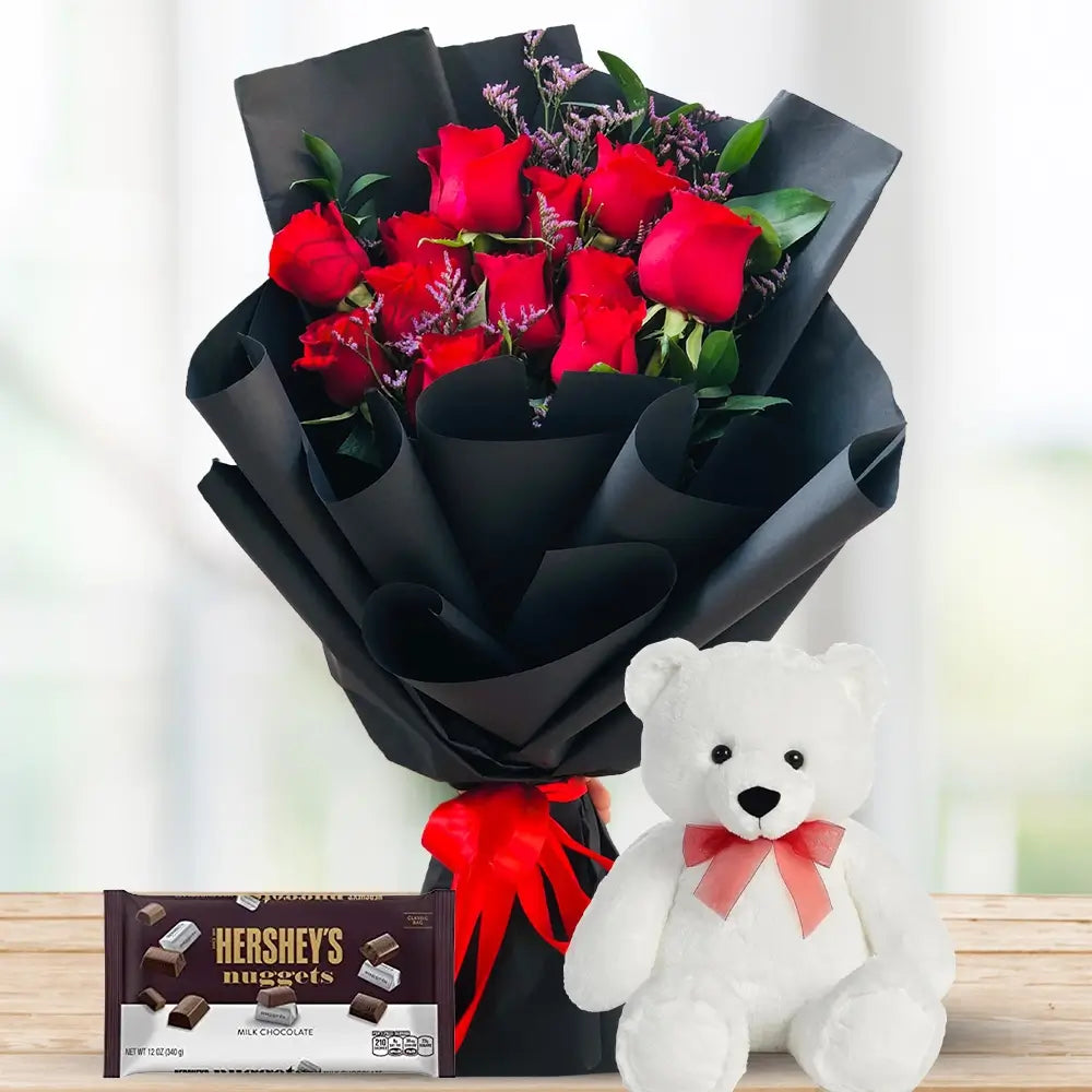 Baby’s Breath & 12 Red Roses with Hershey’s & Teddy By Flower Delivery Dubai for illness