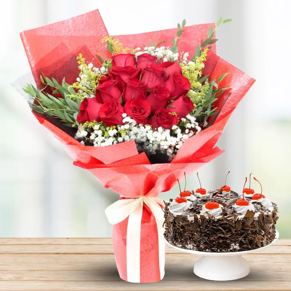 12 Red Roses with Fillers & Black Forest Cake By Flower Delivery Dubai for Birthday