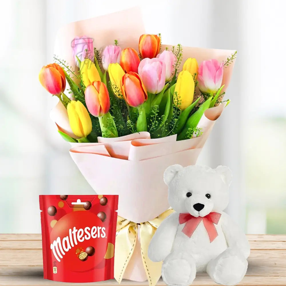 15 Tulips with Fillers, Maltesers & Teddy By Flower Delivery Dubai for her