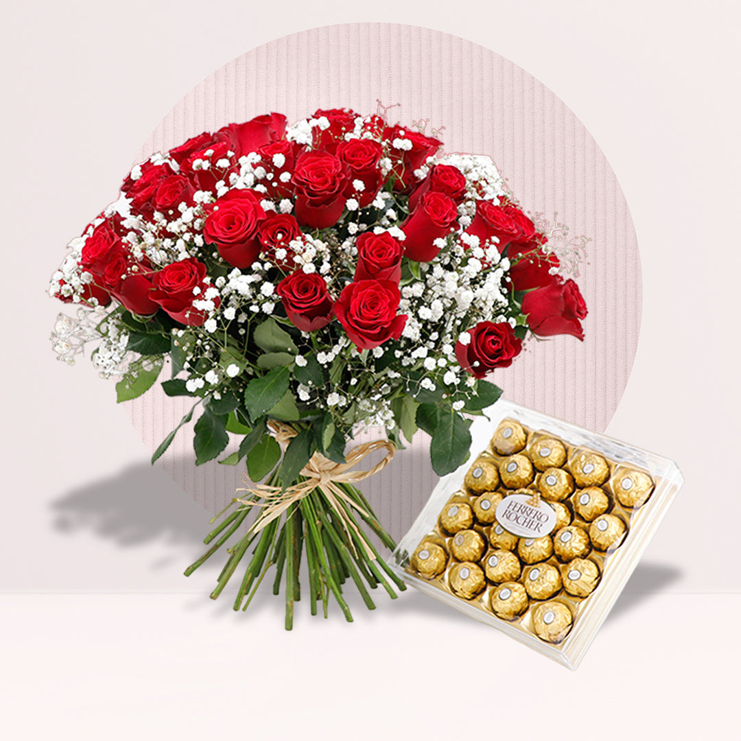 25 Red Roses with Ferrero Rocher — fresh flowers, same day delivery in Dubai
