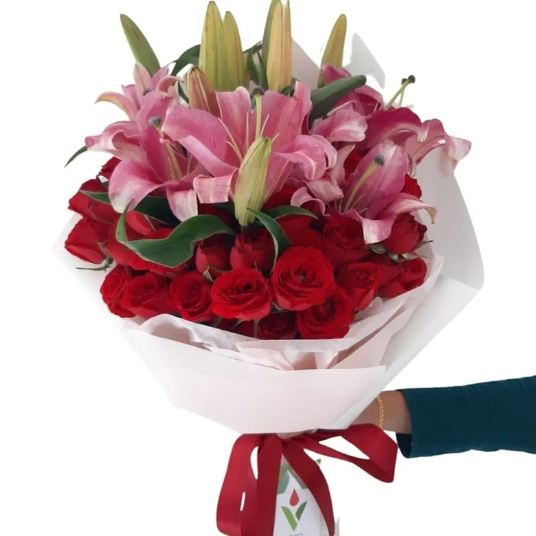 30 Red Roses & Pink Lilies By Flower Delivery Dubai for Congratulations