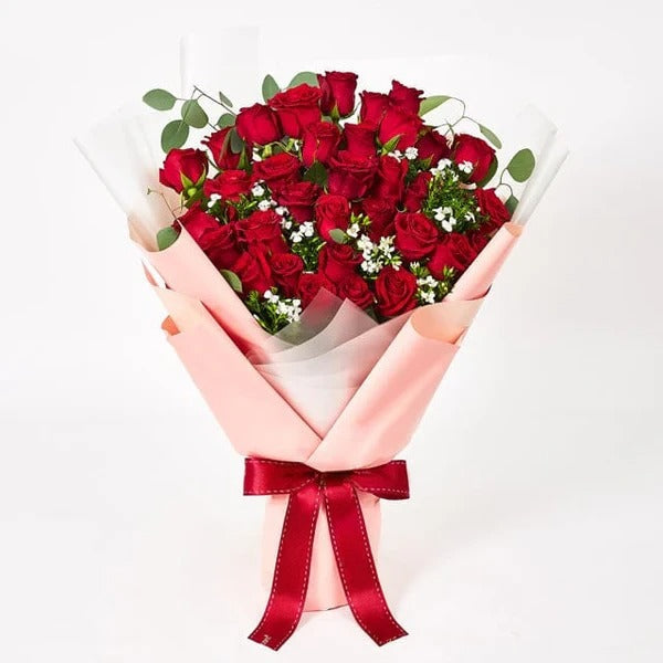 33 Roses with Sweet Williams & Eucalyptus By Flower Delivery Dubai for Anniversary