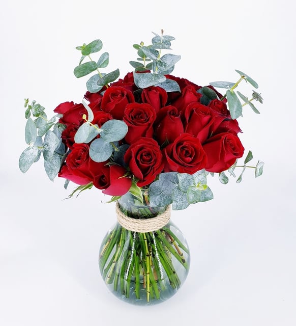 36 Red Roses & Eucalyptus in Vase By Flower Delivery Dubai for Valentines Day