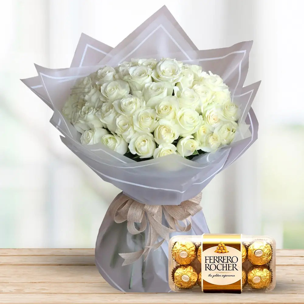 40 White Roses with Ferrero Rocher By Flower Delivery Dubai for her