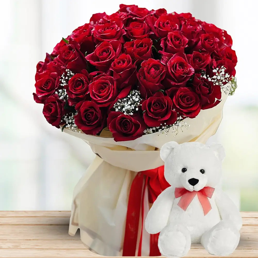 50 Red Roses with Teddy Bear By Flower Delivery Dubai for her