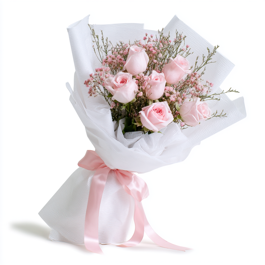 6 pink roses in a small hand-tied bouquet — same-day flower delivery in Dubai