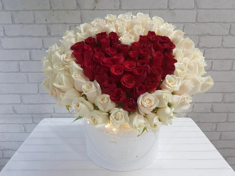 99 Heart Shaped Red & White Roses Box By Flower Delivery Dubai for Wedding