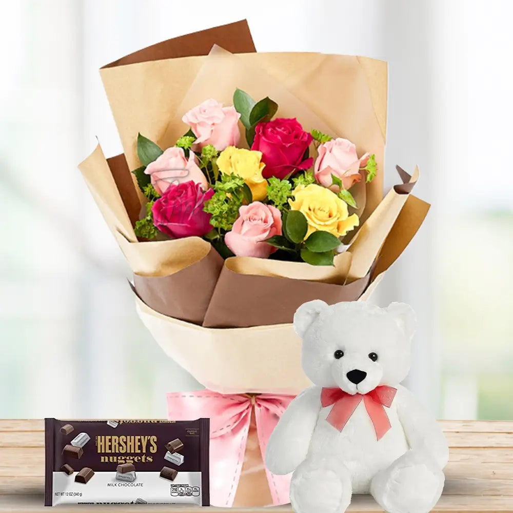 Roses with Ruscus, Hershey’s & Teddy By Flower Delivery Dubai for him