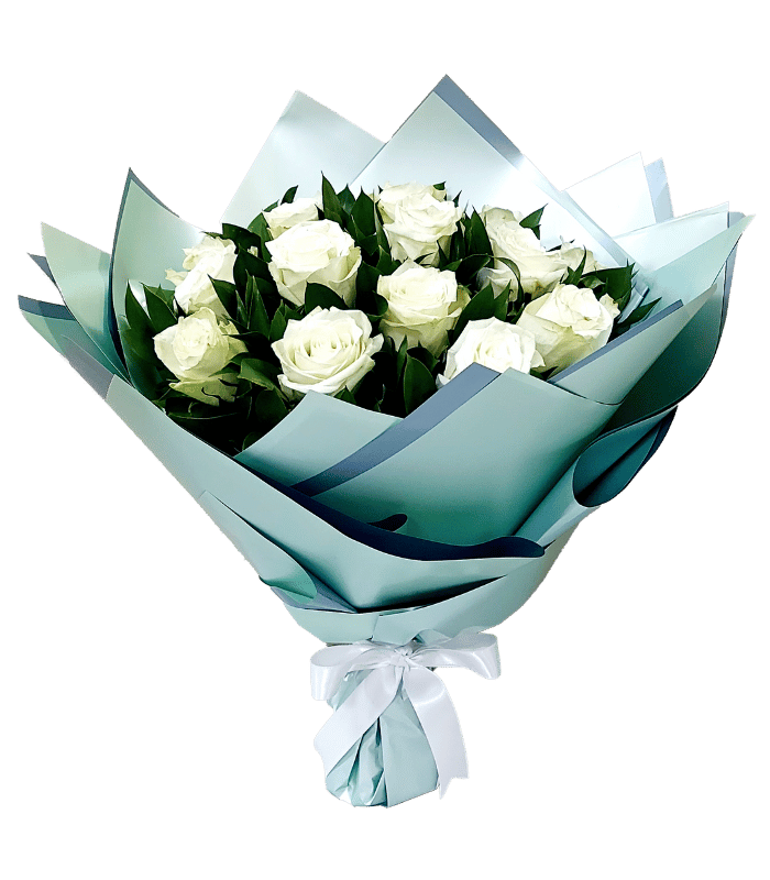 15 White Roses with Greenery in Elegant Wrapping By Flower Delivery Dubai for Valentines Day