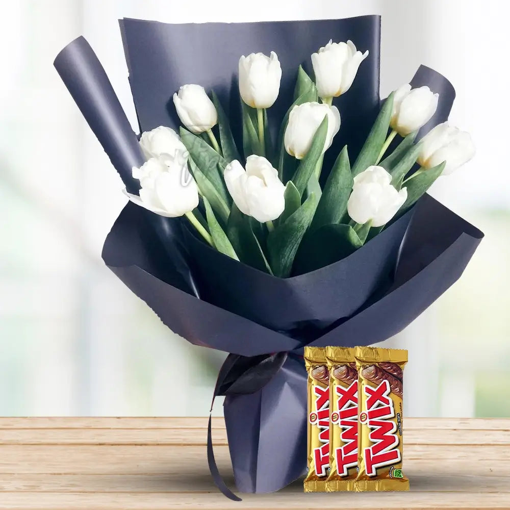 White Tulips in Black Wrapping with Twix By Flower Delivery Dubai for Congratulations