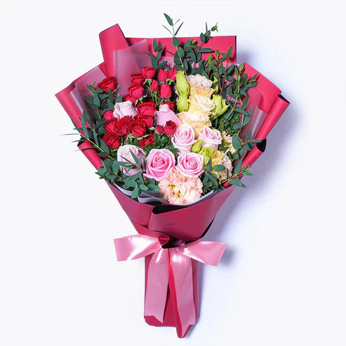 Pink & Red Roses with Champagne Eustoma By Flower Delivery Dubai for Valentines Day